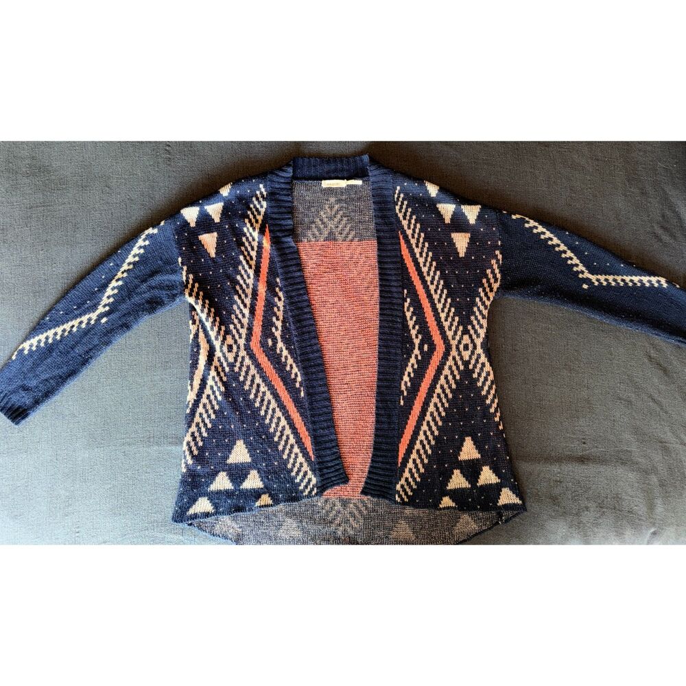 Blu Pepper Southwestern Aztec Open Front Cardigan Sweater Navy Coral Small S